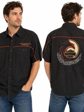Harley-Davidson Men’s Black Short Sleeve Button Up Shirt Embroidered Logo- XL